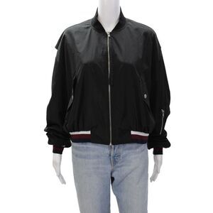 BSBW Womens Striped Trim Long Sleeves Full Zipper Bomber Jacket Black Size Small